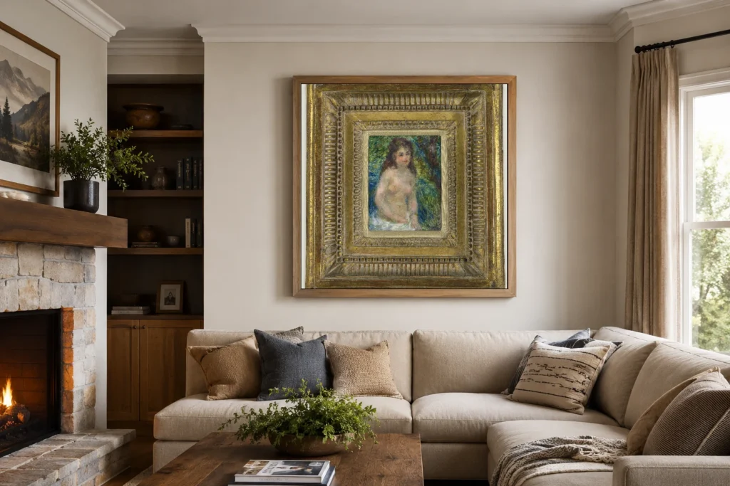 Framed print of Little Bather hanging on a wall in a furnished room