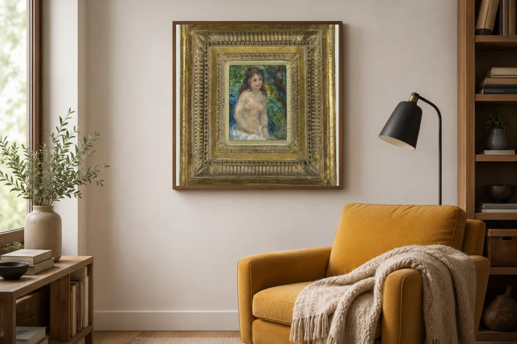 Framed print of Little Bather hanging on a wall in a furnished room
