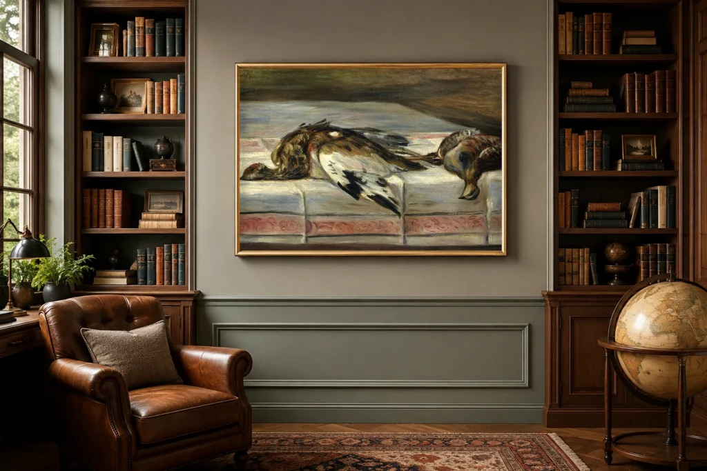 Framed print of Pheasant and Fowl hanging on a wall in a furnished room