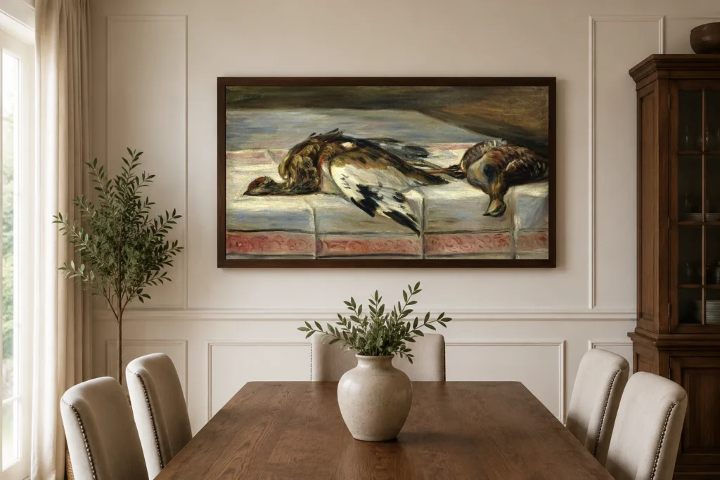 Framed print of Pheasant and Fowl hanging on a wall in a furnished room