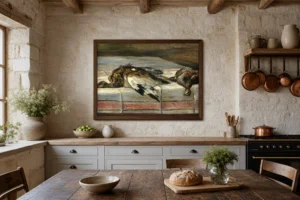 Framed print of Pheasant and Fowl hanging on a wall in a furnished room