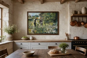 Framed print of Picking Flowers hanging on a wall in a furnished room