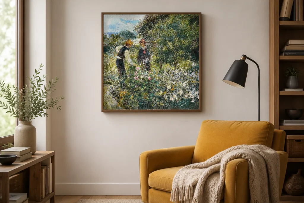 Framed print of Picking Flowers hanging on a wall in a furnished room