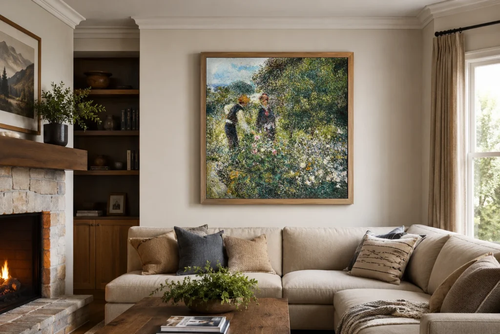 Framed print of Picking Flowers hanging on a wall in a furnished room