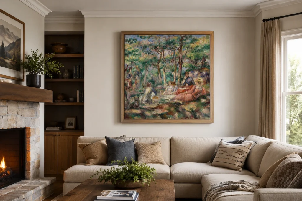Framed print of Picnic (Le Déjeuner sur l’herbe) hanging on a wall in a furnished room