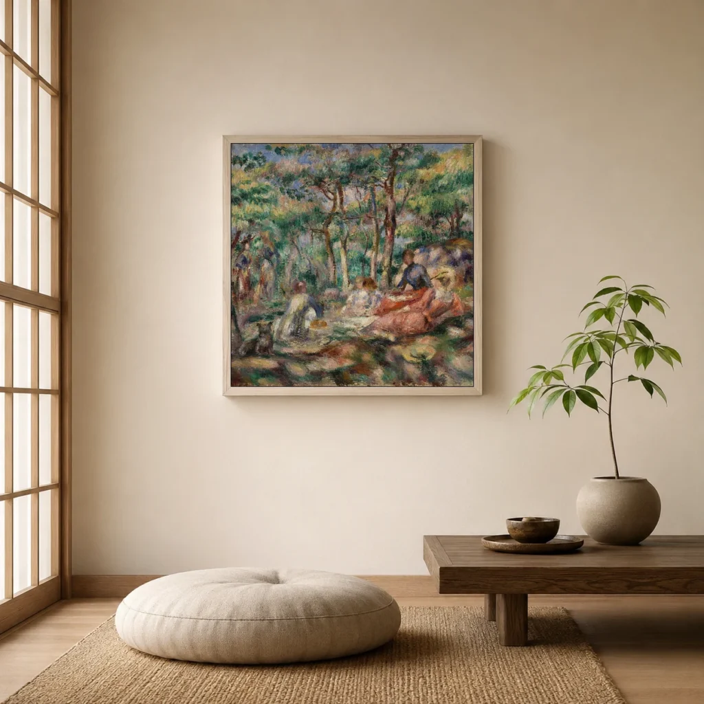 Framed print of Picnic (Le Déjeuner sur l’herbe) hanging on a wall in a furnished room