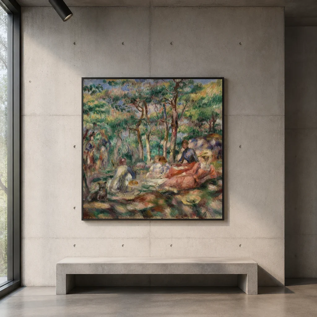 Framed print of Picnic (Le Déjeuner sur l’herbe) hanging on a wall in a furnished room
