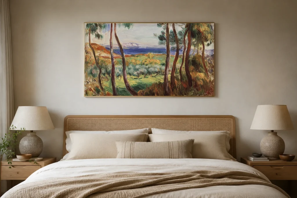 Framed print of Pines near Cagnes hanging on a wall in a furnished room