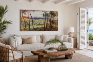 Framed print of Pines near Cagnes hanging on a wall in a furnished room