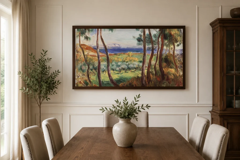Framed print of Pines near Cagnes hanging on a wall in a furnished room