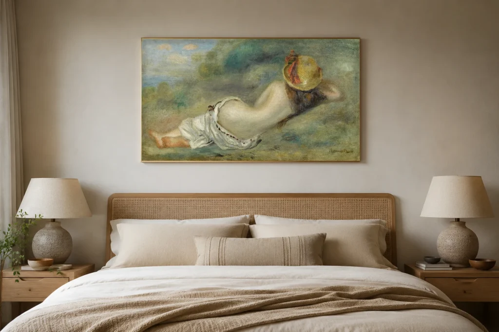 Framed print of Bather Lying on Her Back with a Straw Hat or Woman Lying on the Grass hanging on a wall in a furnished room