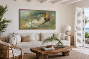 Framed print of Bather Lying on Her Back with a Straw Hat or Woman Lying on the Grass hanging on a wall in a furnished room