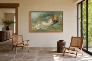Framed print of Bather Lying on Her Back with a Straw Hat or Woman Lying on the Grass hanging on a wall in a furnished room