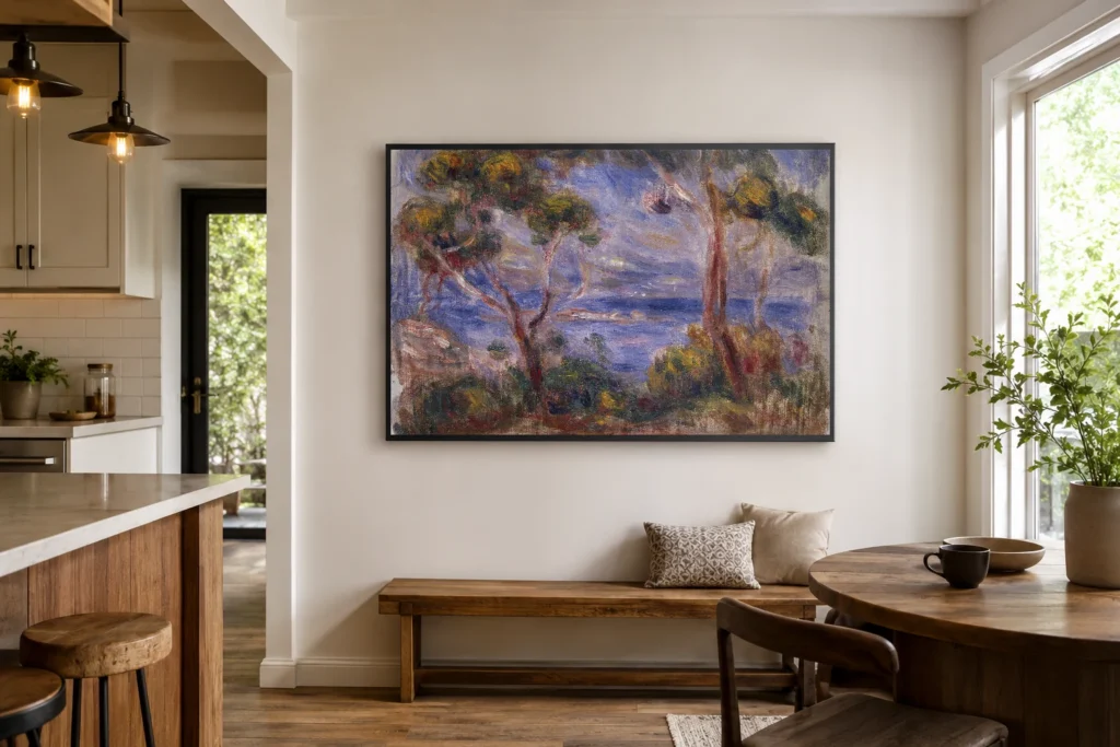 Framed print of Pines at Cagnes hanging on a wall in a furnished room