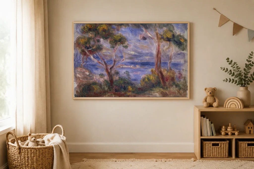 Framed print of Pines at Cagnes hanging on a wall in a furnished room