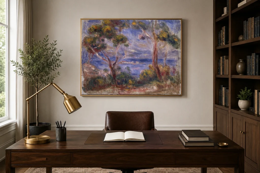 Framed print of Pines at Cagnes hanging on a wall in a furnished room