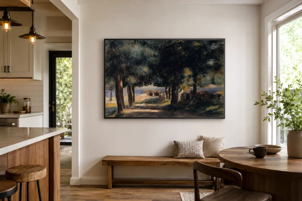 Framed print of Pinède sur la côte d’Azur hanging on a wall in a furnished room