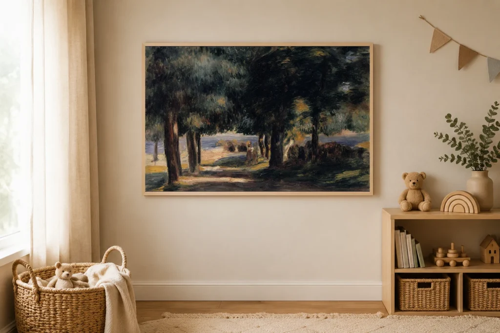 Framed print of Pinède sur la côte d’Azur hanging on a wall in a furnished room