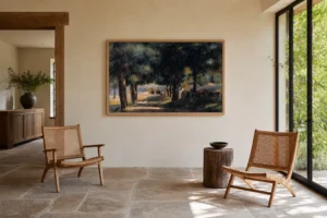 Framed print of Pinède sur la côte d’Azur hanging on a wall in a furnished room