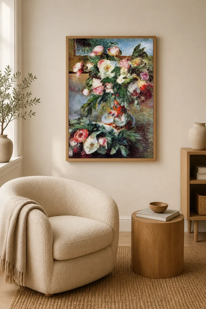 Framed print of Peonies hanging on a wall in a furnished room