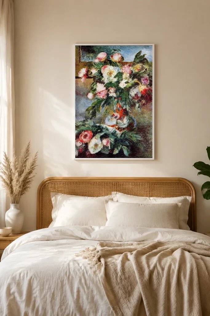 Framed print of Peonies hanging on a wall in a furnished room
