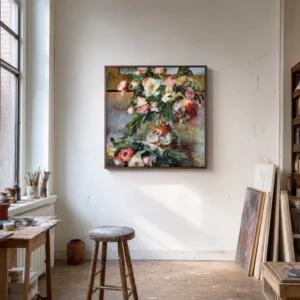 Framed print of Peonies hanging on a wall in a furnished room