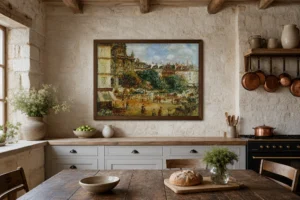 Framed print of Place de la Trinité hanging on a wall in a furnished room