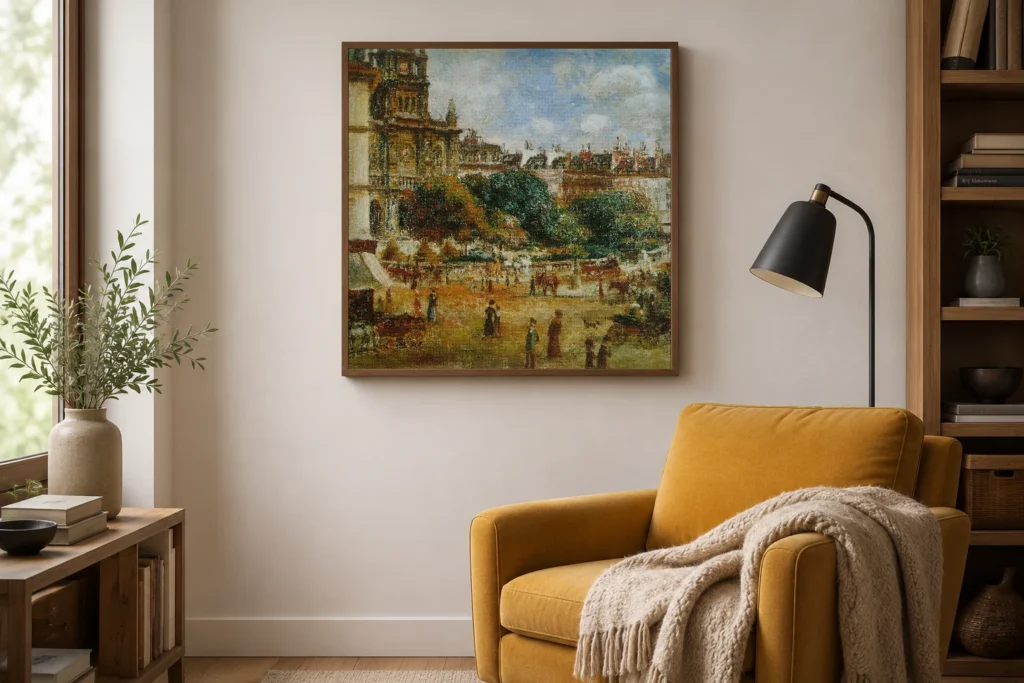 Framed print of Place de la Trinité hanging on a wall in a furnished room