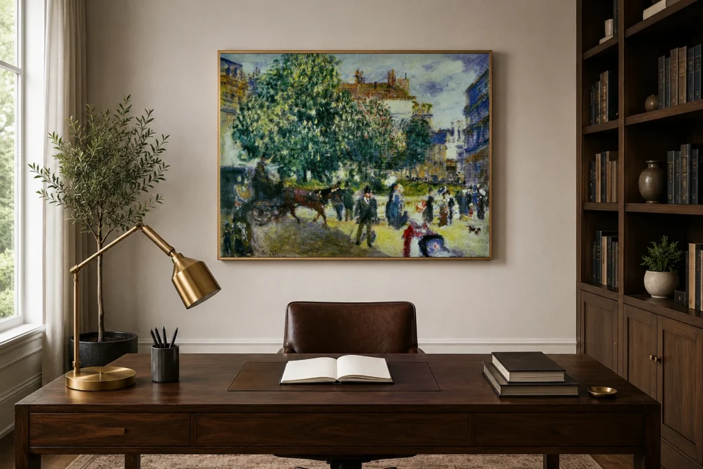 Framed print of Place de la Trinité hanging on a wall in a furnished room