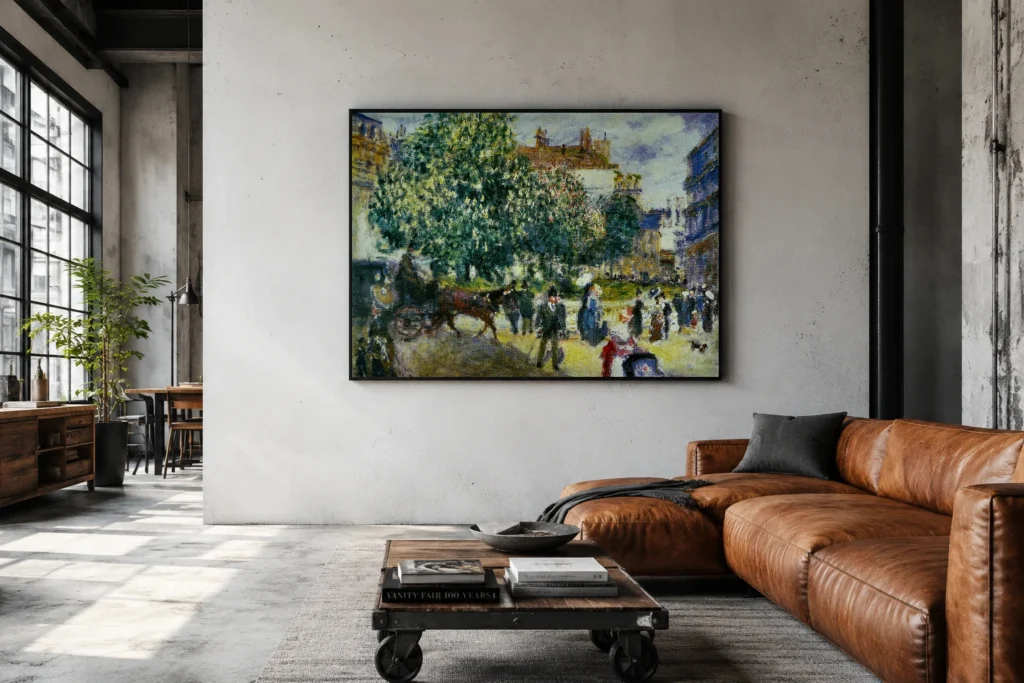 Framed print of Place de la Trinité hanging on a wall in a furnished room