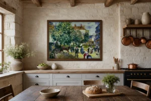 Framed print of Place de la Trinité hanging on a wall in a furnished room