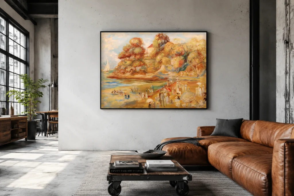 Framed print of Beach at Pornic hanging on a wall in a furnished room