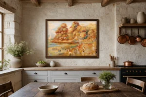 Framed print of Beach at Pornic hanging on a wall in a furnished room