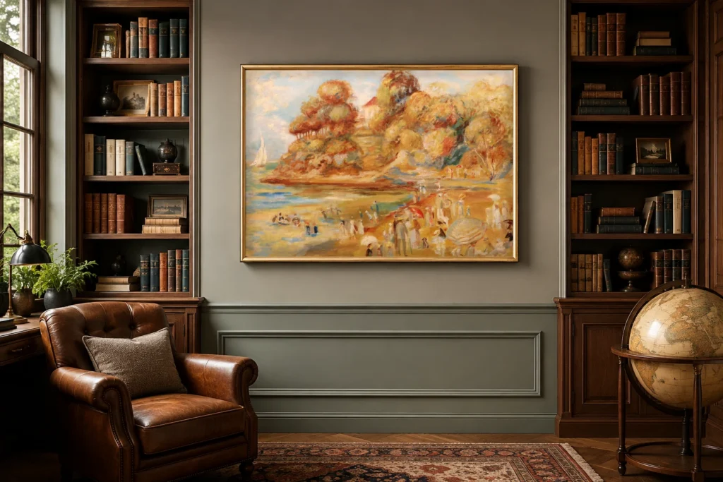 Framed print of Beach at Pornic hanging on a wall in a furnished room