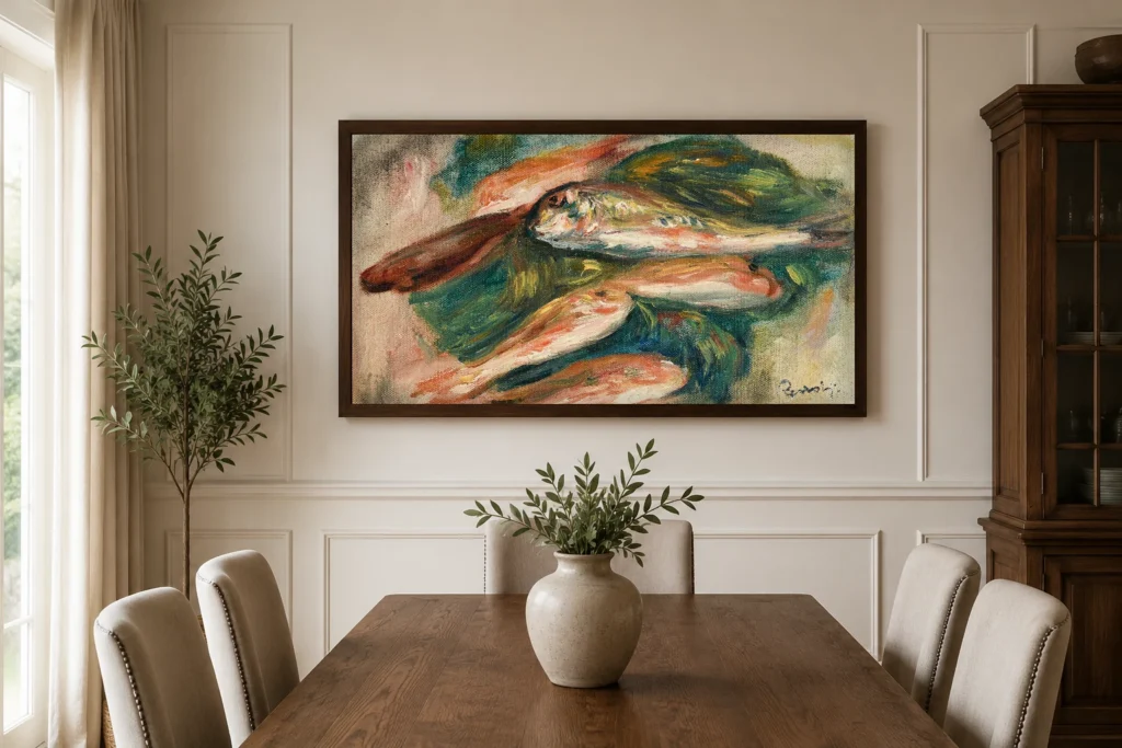 Framed print of Fish on a Green Leaf hanging on a wall in a furnished room