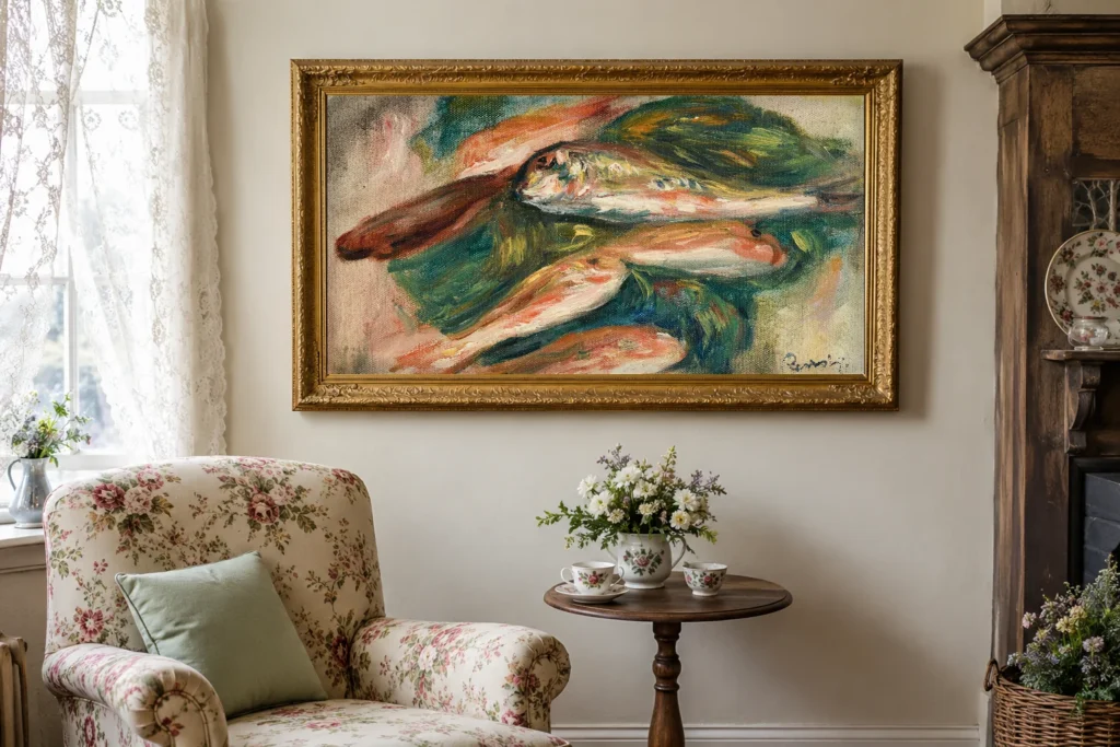 Framed print of Fish on a Green Leaf hanging on a wall in a furnished room