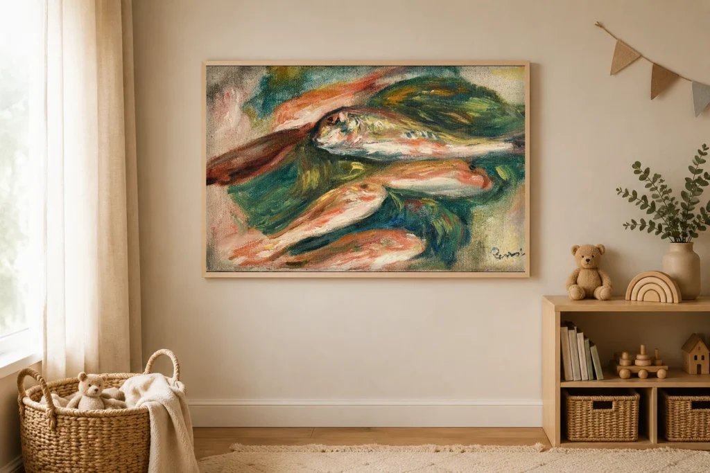 Framed print of Fish on a Green Leaf hanging on a wall in a furnished room