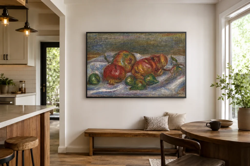Framed print of Pomegranates hanging on a wall in a furnished room