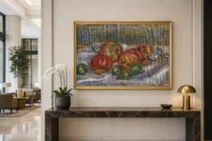 Framed print of Pomegranates hanging on a wall in a furnished room