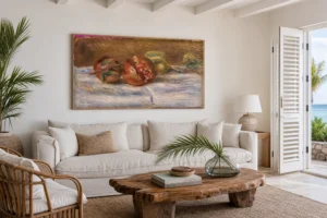 Framed print of Pomegranates (Grenades) hanging on a wall in a furnished room