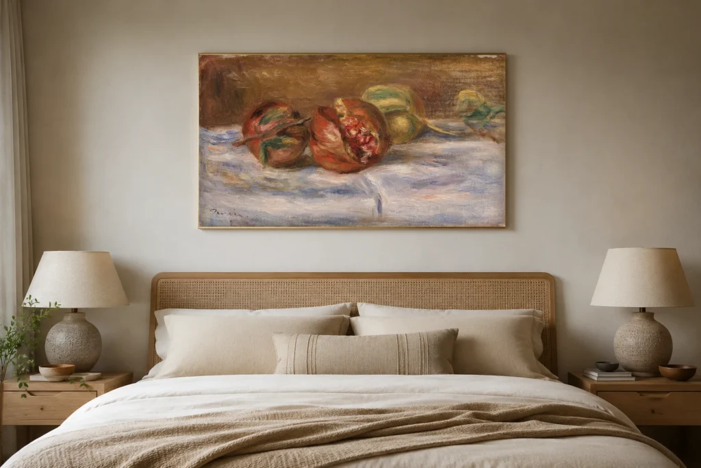 Framed print of Pomegranates (Grenades) hanging on a wall in a furnished room