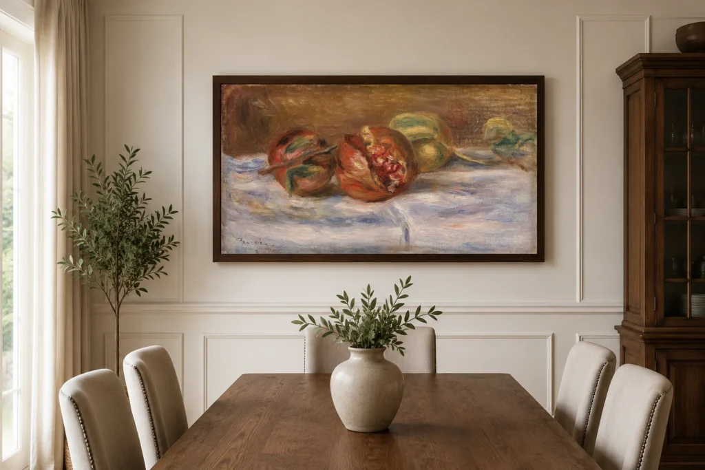 Framed print of Pomegranates (Grenades) hanging on a wall in a furnished room
