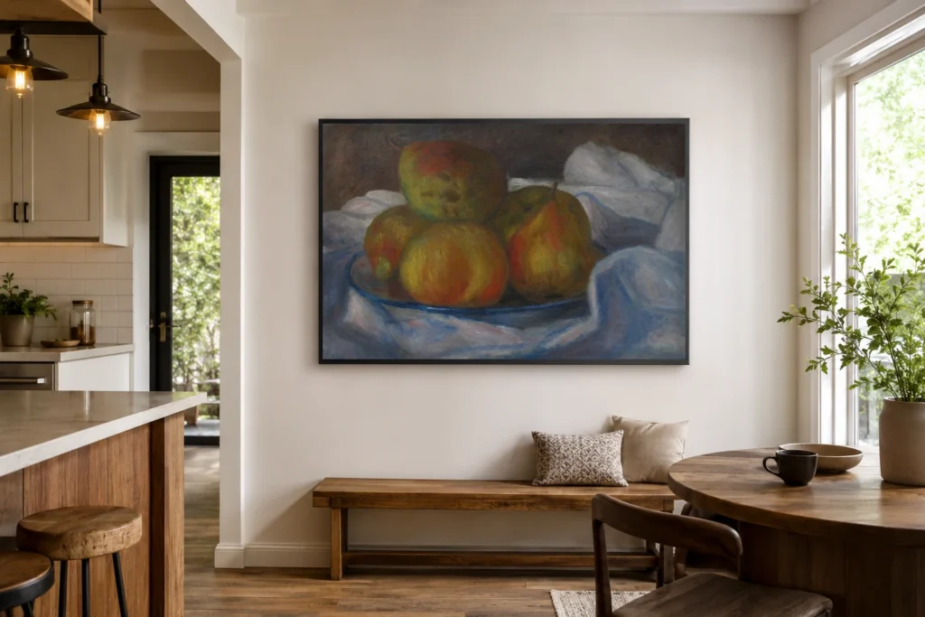 Framed print of Pommes et poires hanging on a wall in a furnished room