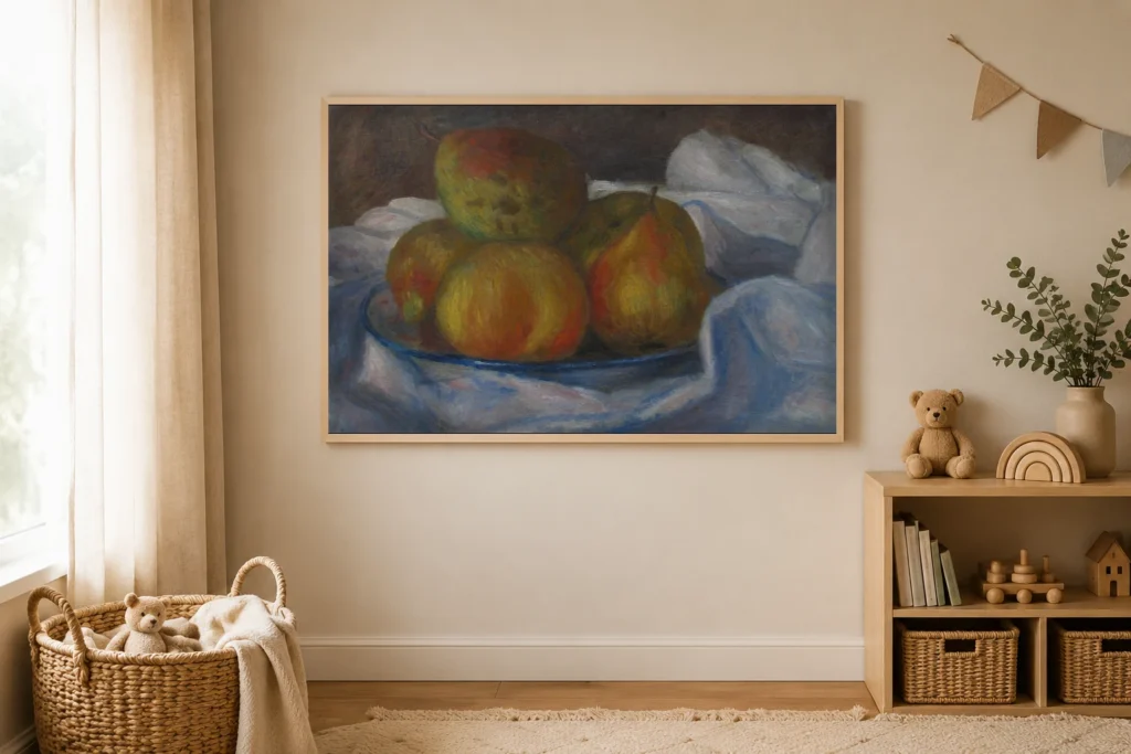 Framed print of Pommes et poires hanging on a wall in a furnished room