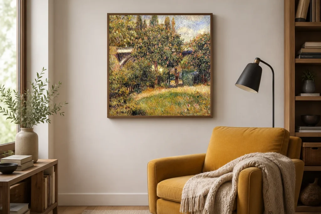 Framed print of Pont du chemin de fer à Chatou hanging on a wall in a furnished room