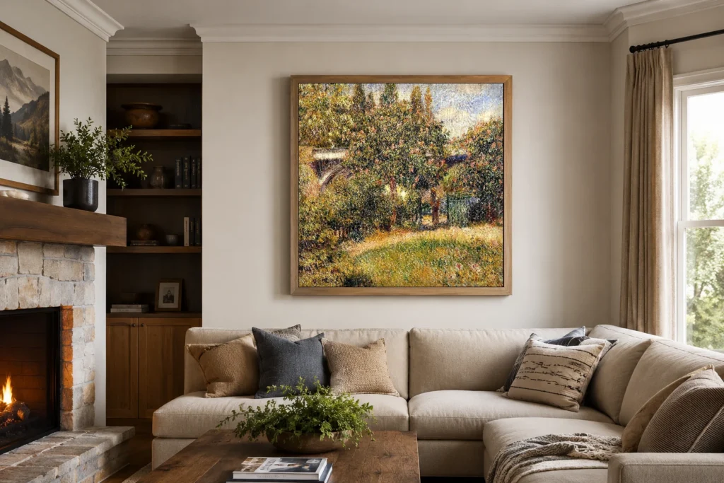 Framed print of Pont du chemin de fer à Chatou hanging on a wall in a furnished room