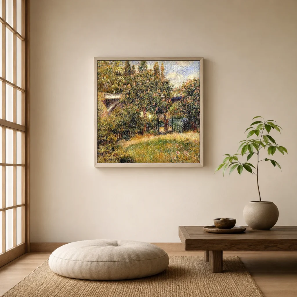 Framed print of Pont du chemin de fer à Chatou hanging on a wall in a furnished room