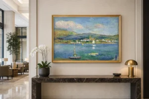 Framed print of Fishing Port, View of Fuenterrabía from Hendaye hanging on a wall in a furnished room