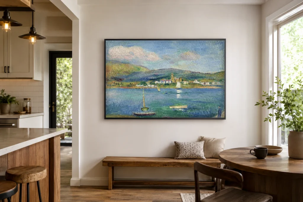 Framed print of Fishing Port, View of Fuenterrabía from Hendaye hanging on a wall in a furnished room