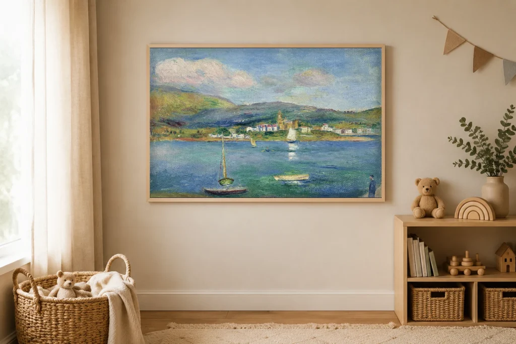 Framed print of Fishing Port, View of Fuenterrabía from Hendaye hanging on a wall in a furnished room